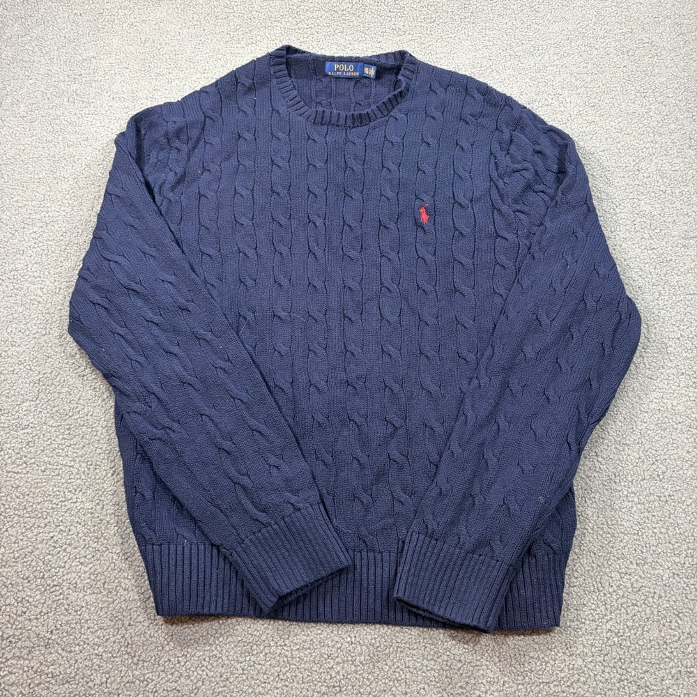 Polo Ralph Lauren Sweater Mens XXL Navy Blue Cable Knit Crewneck Pony Logo 8127